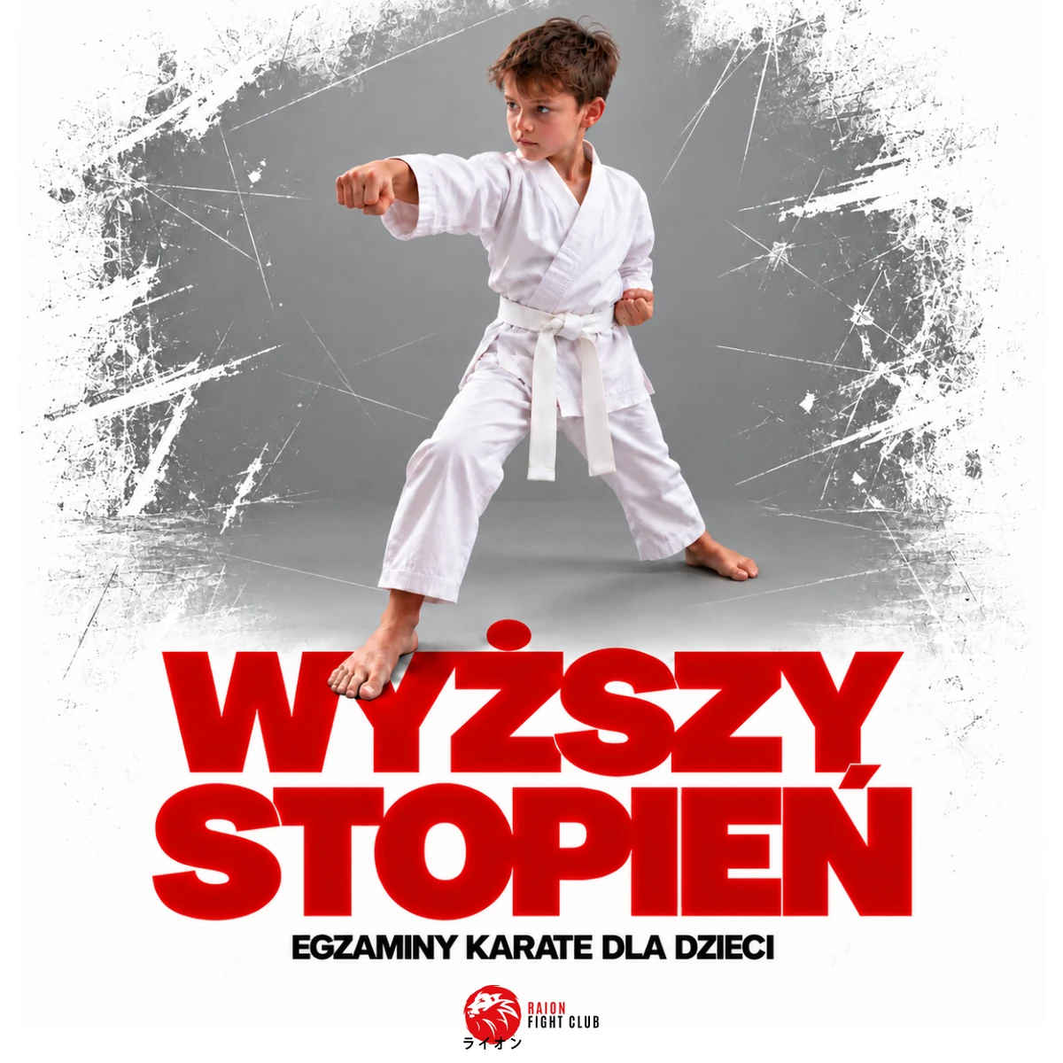 Wyższy stopień — egzaminy karate dla dzieci RAION. Młody karateka w białym kimonie.
