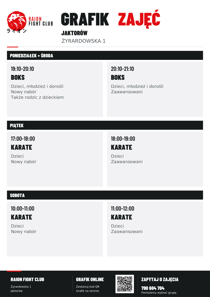 Grafik zajęć RAION — Jaktorów. Terminy są również dostępne w tekście strony.