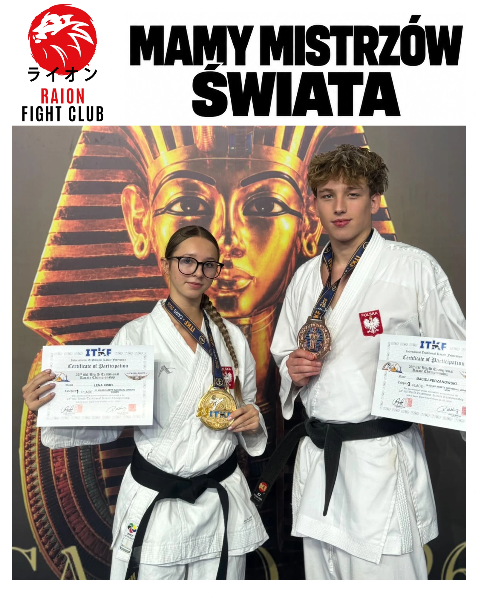Lena Kisiel i Maciej Perzanowski z medalami mistrzostw świata ITKF w Kairze. Grafika RAION: Mamy mistrzów świata.